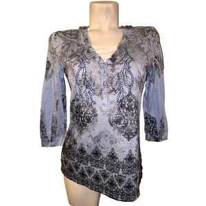 WESTBOUND Top Women's Size S Blue Striped Graphic Print Hooded 3/4 Sleeve Shirt